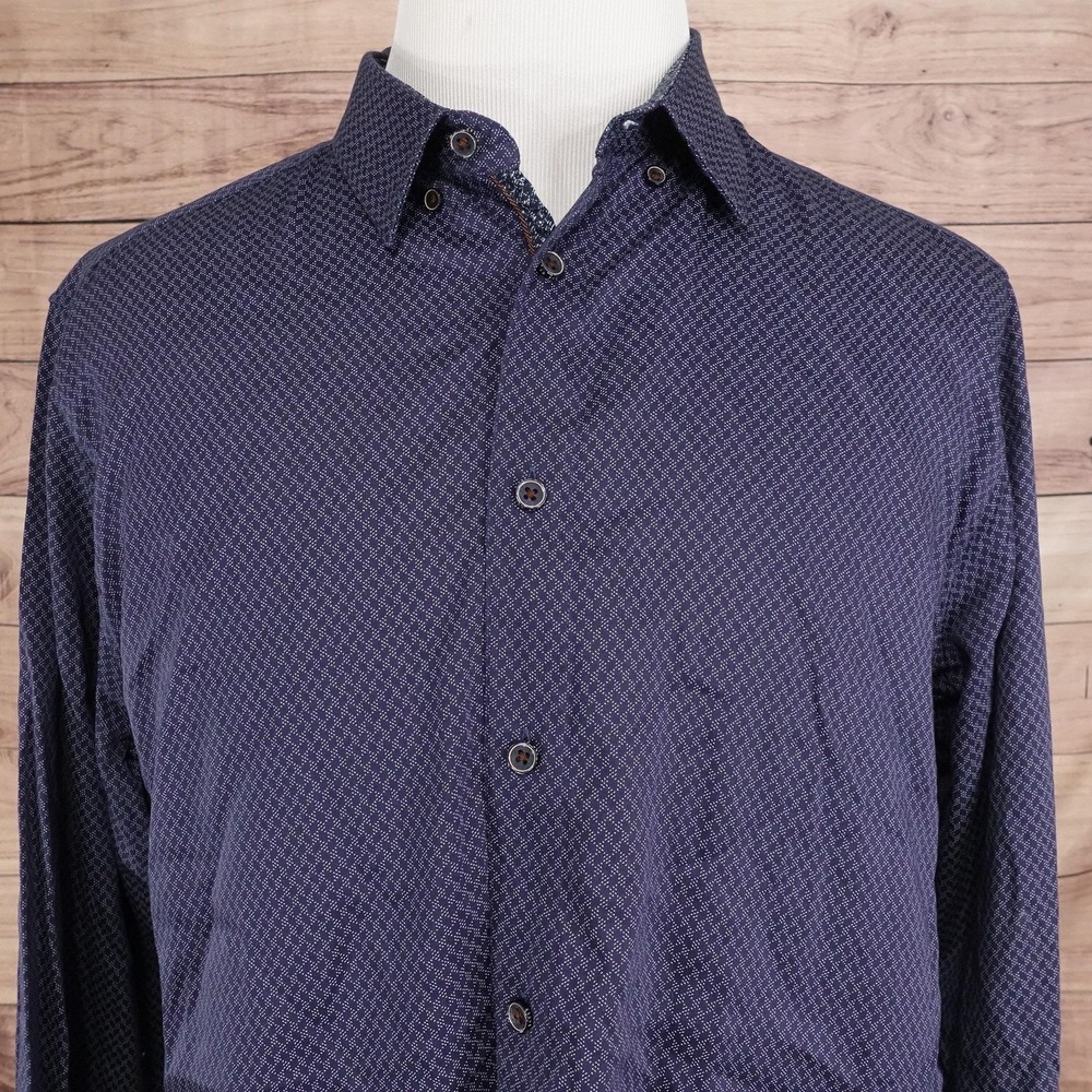 Ted‎ Baker Shirt Mens Size 7 Blue Geometric Long Sleeve Button-Up Cotton Casual